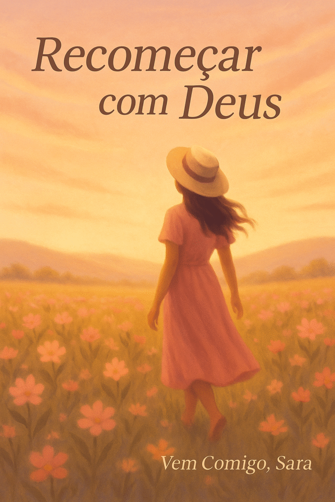 ilustração de mulher caminhando em campo florido ao nascer do sol, simbolizando recomeço com Deus