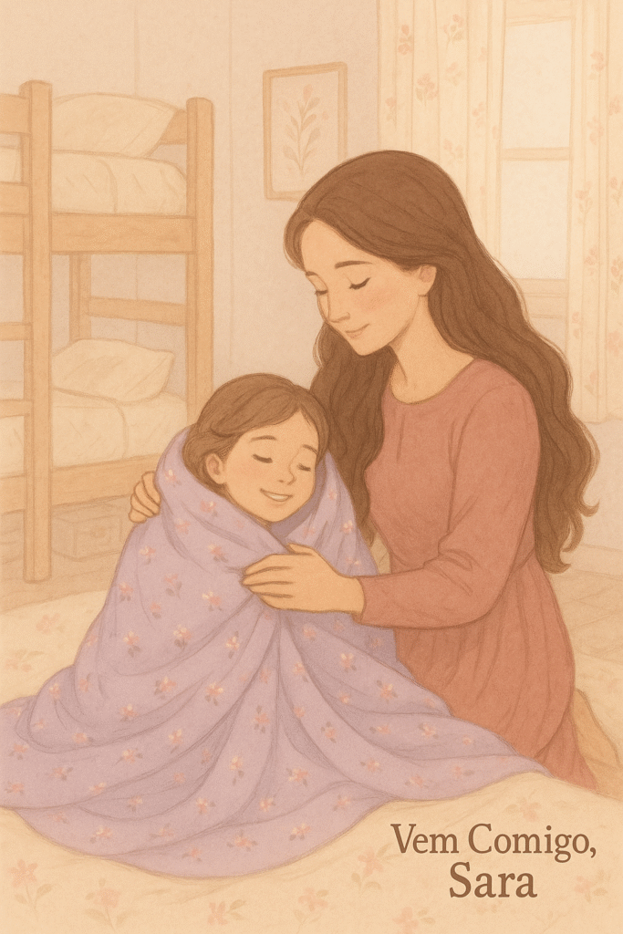 Mãe cristã embrulha a filha com um lençol roxo com florzinhas, simbolizando o cuidado de Deus nos detalhes do dia a dia