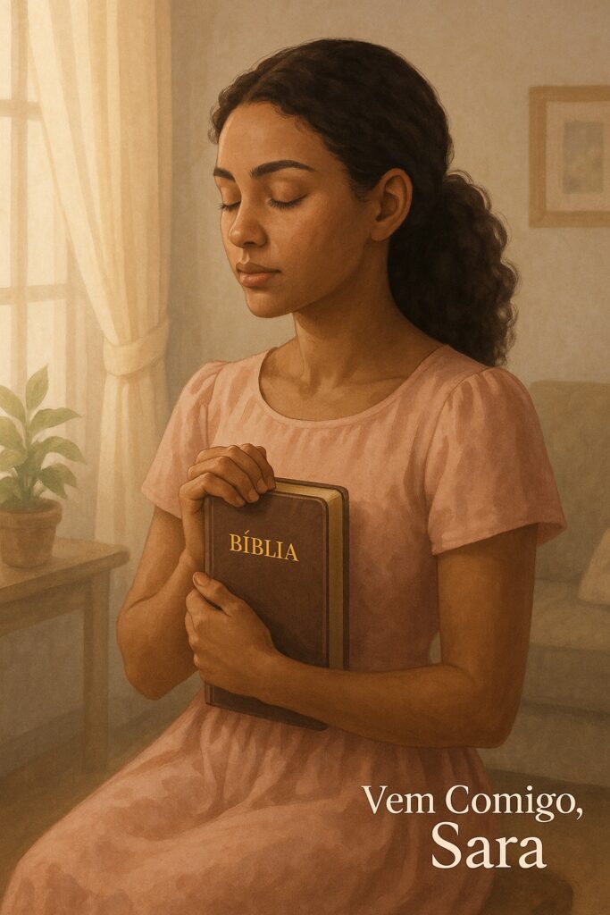 Mulher segurando a Biblia com expressao serena - devocional sobre a mulher virtuoss