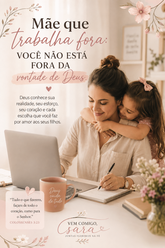 mãe trabalhando no computador enquanto abraça a filha, com mensagem sobre mães que trabalham fora e a vontade de Deus